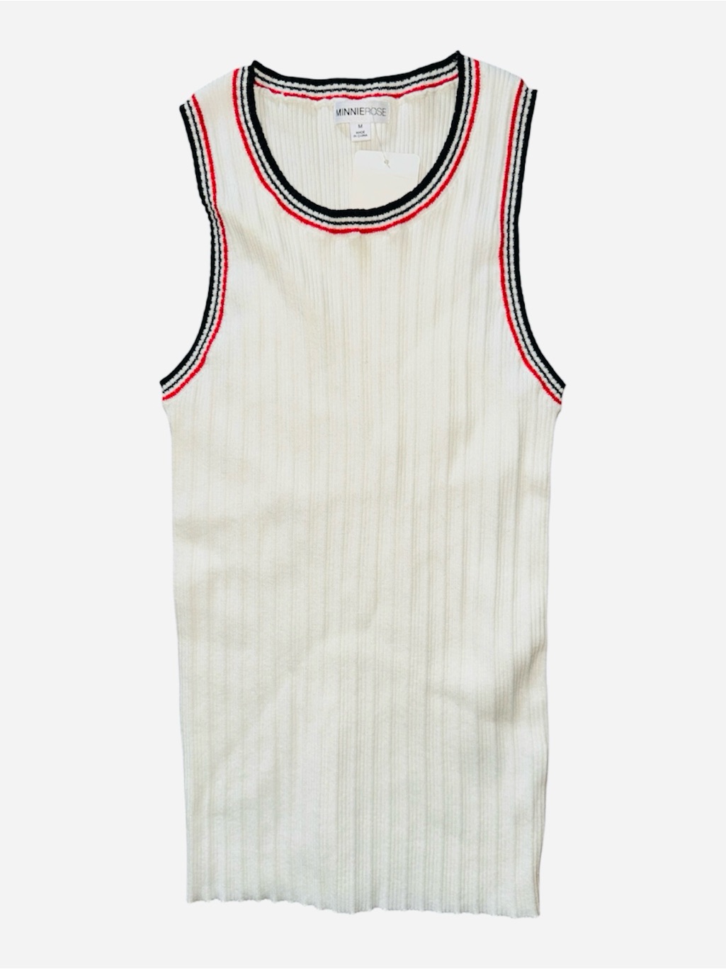 Minnie Rose Cream Ribbed Tank With Black & Red Stripe Trim Size Medium